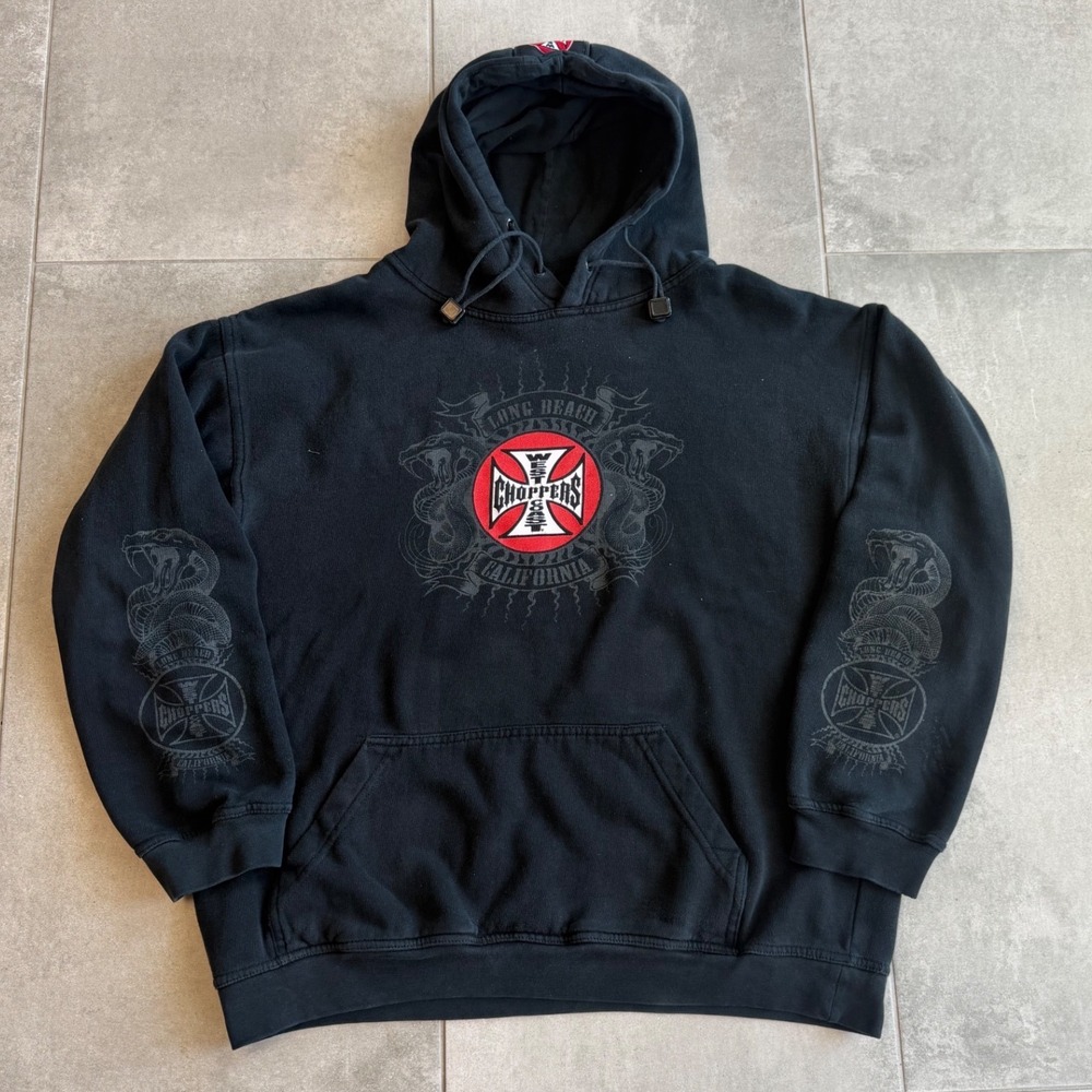 Vintage 90s RARE West Coast Choppers Cobra Hoodie Jesse James Iron Cross Black L